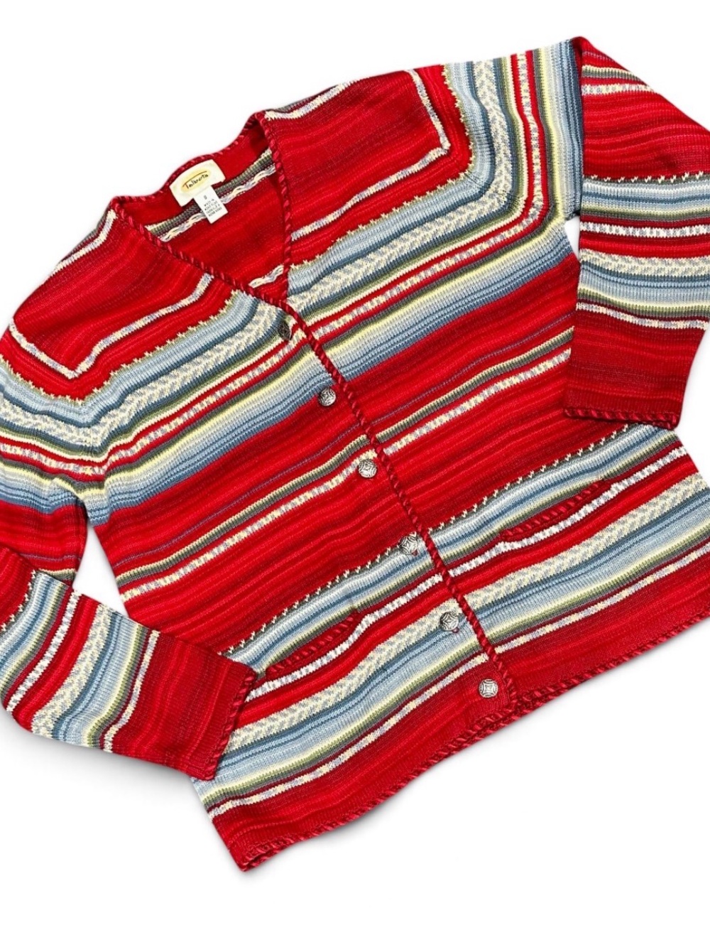 Talbots Cardigan Sweater S Striped Red Blue VNeck Button Knit 100% Cotton Preppy